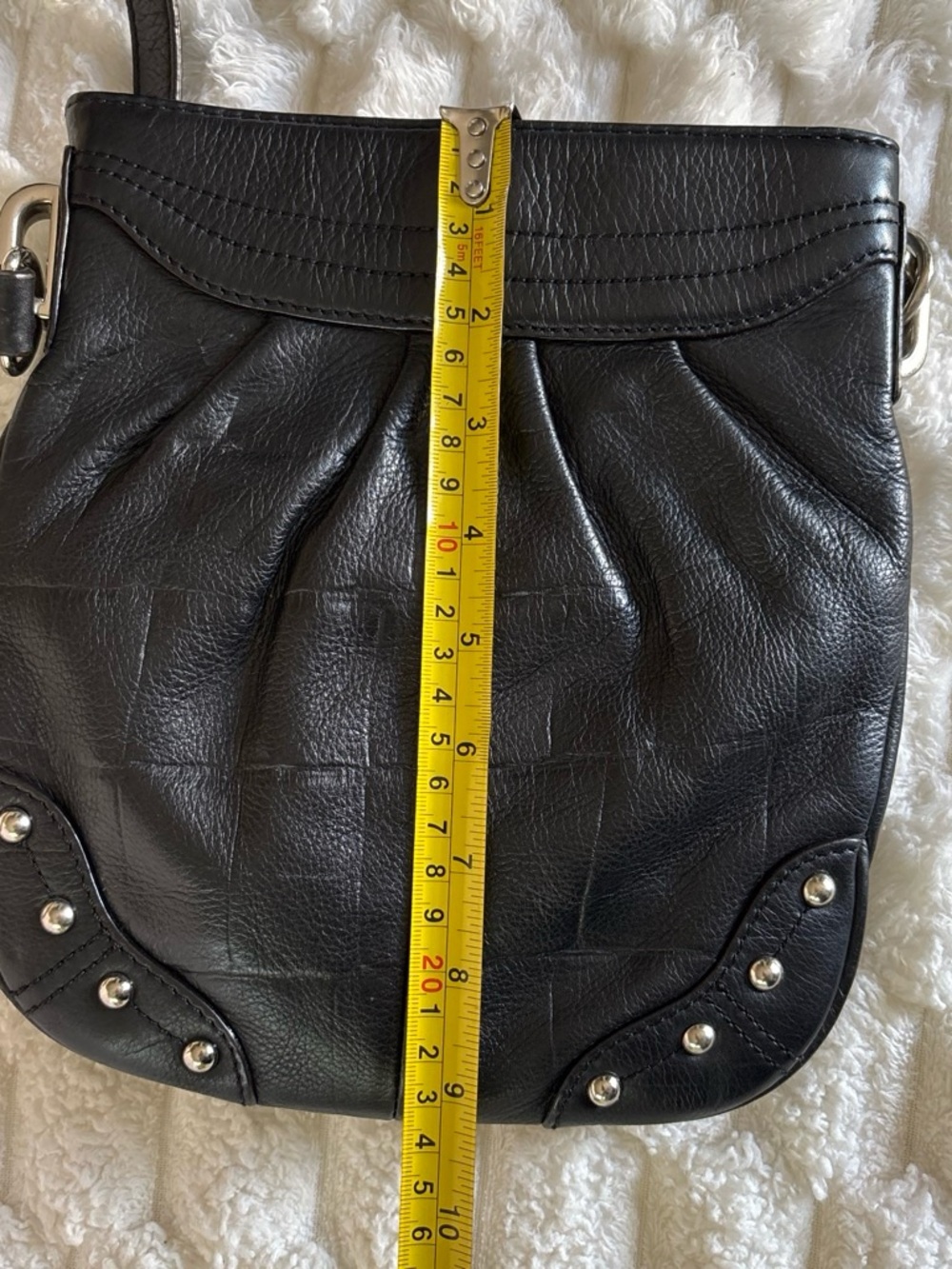 Y2K Black Pebbled Leather Studded Crossbody Bag B. Makowsky Leopard Lining - Picture 8 of 10